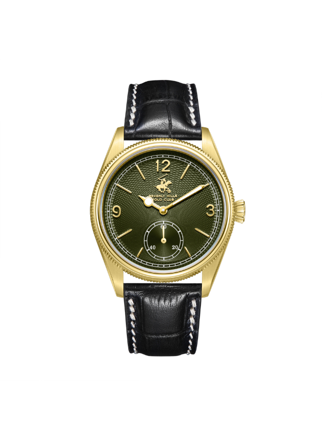 BHPC Gents 3H Fn IP GOLD Case BLACK LEATHER Band D.GREEN 5605C Dial