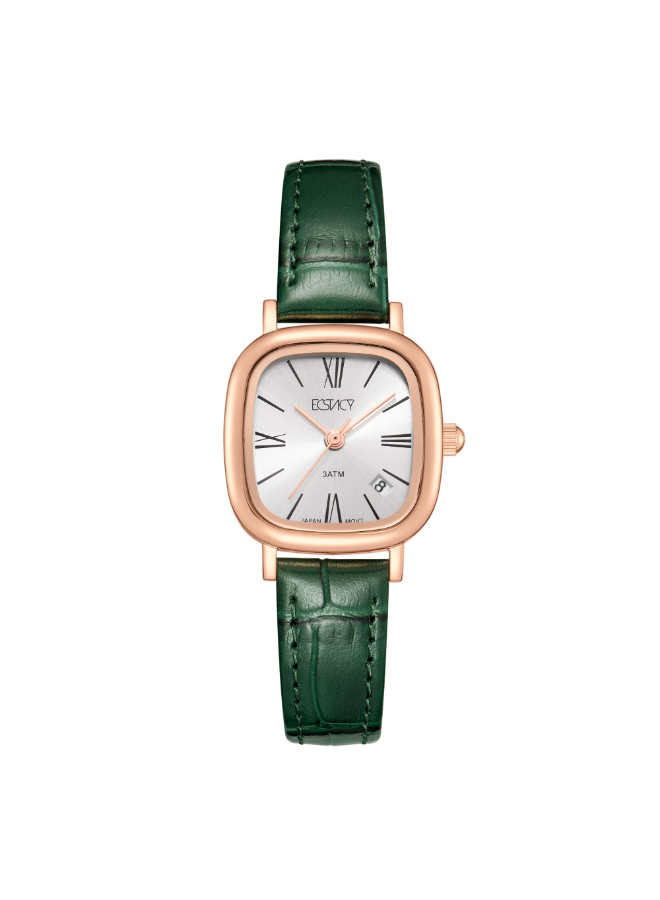 Ecstacy Ladies Analog Fn Rose Gold Case Green Leather  Strap White Dial