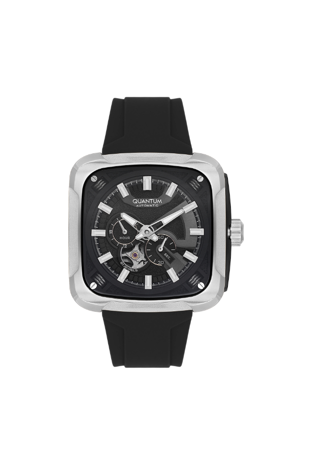 Quantum Gents Automatic Fn Silver Case Black  Silicon Strap Band Black Dial