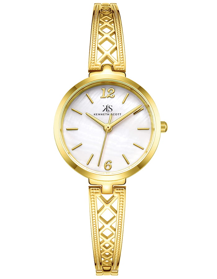 Kenneth Scott Ladies Analog Gold Case Gold Metal Band White Dial