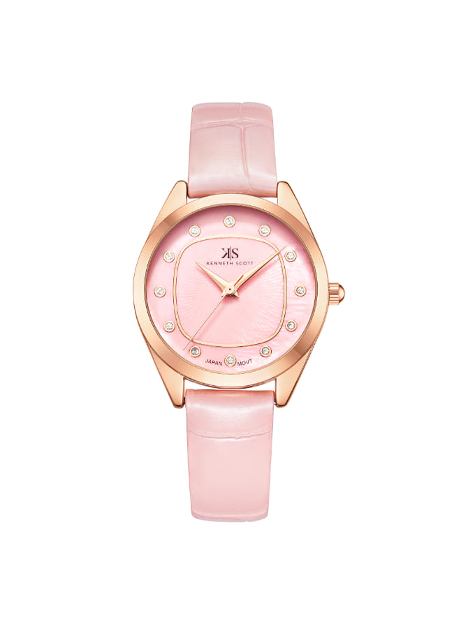Kenneth Scott Ladies Analog Rose Gold Case Rose Gold Leather Strap Pink Dial