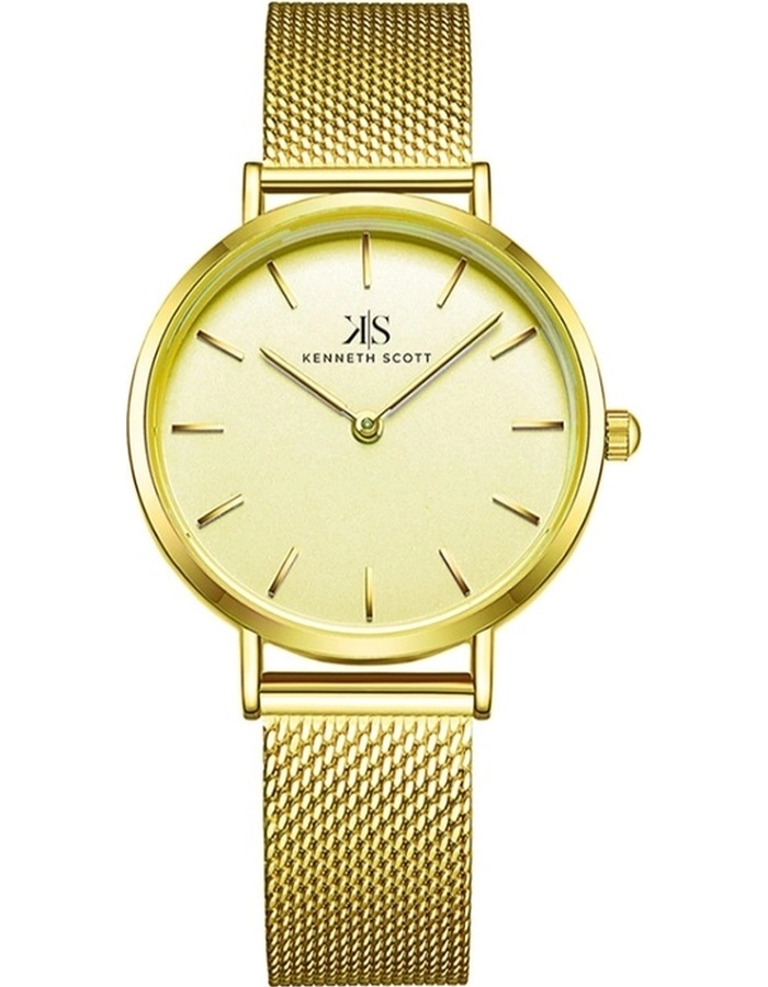 Kenneth Scott Ladies Analog Gold Case Gold Mesh band Champagne Dial