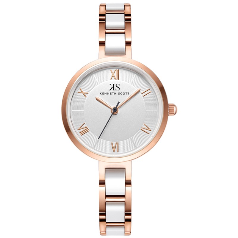 Kenneth Scott Ladies Analog TT RG/Silver Case White Ceramic Band White Dial