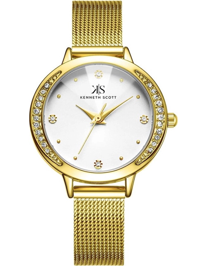 Kenneth Scott Ladies Analog Gold Case Gold Mesh band White Dial