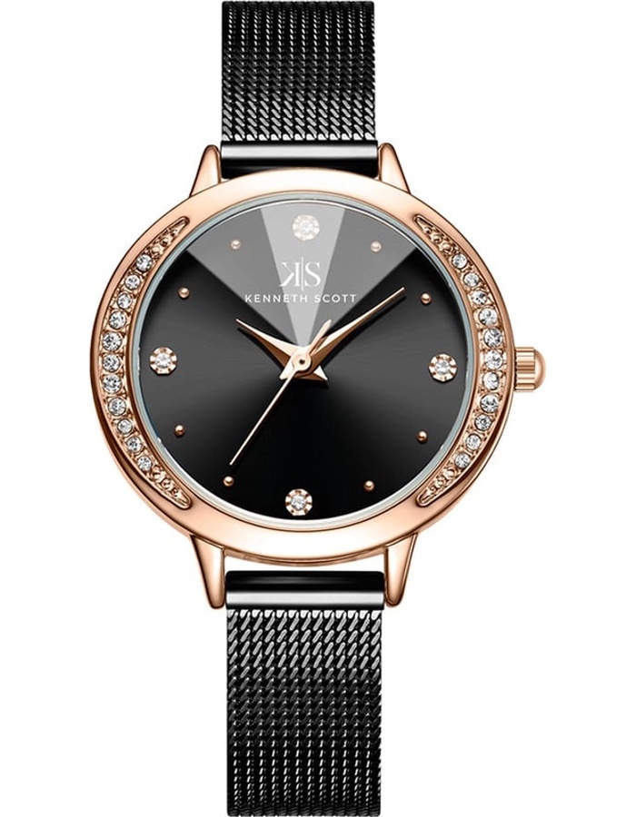 Kenneth Scott Ladies Analog Rose Gold Case Black Mesh band Black Dial