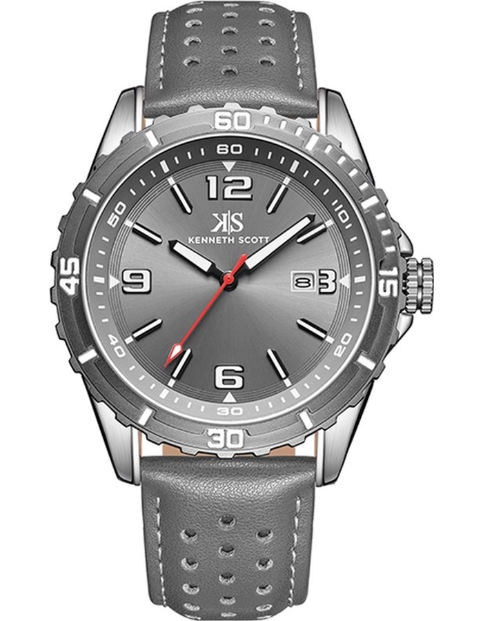 Kenneth Scott Gents Analog Grey Case Grey Leather Strap Grey Dial