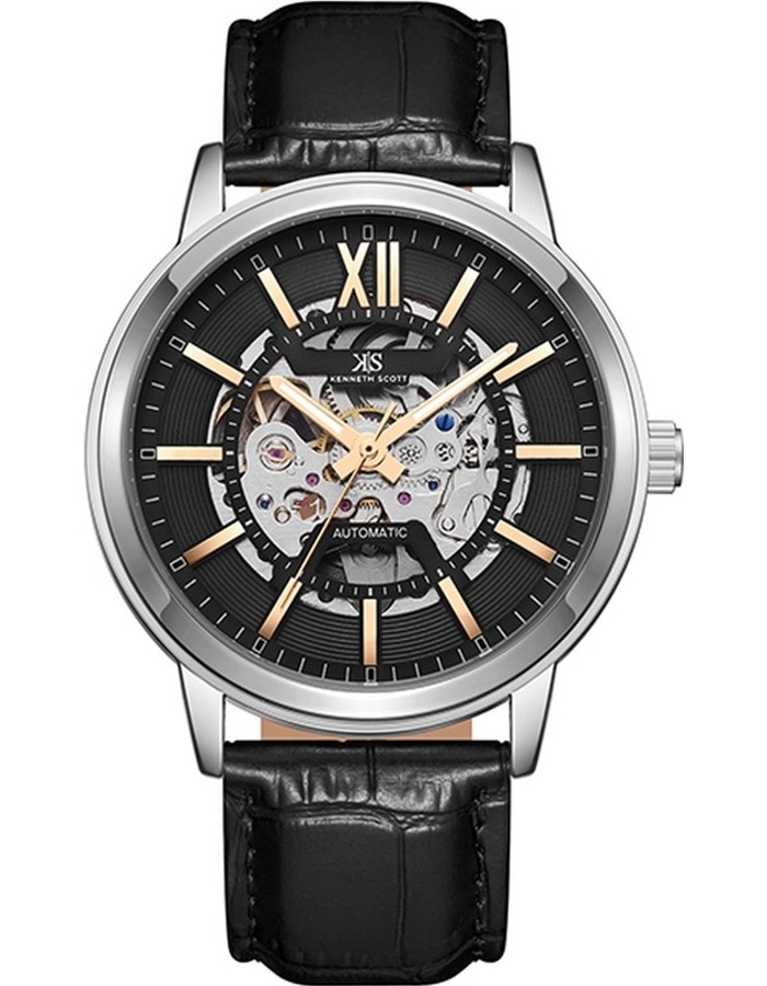 Kenneth Scott Gents Automatic Silver Case Black Leather Strap Black Dial