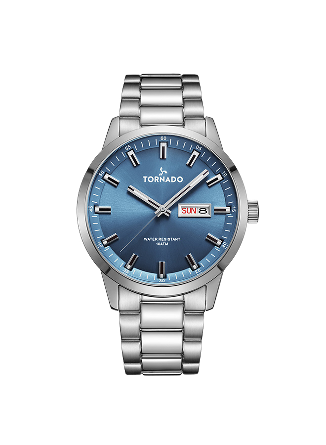 Tornado Gents 3H day-date Analog  Fn Silver Case Silver Bracelet Ice Blue sunray dial