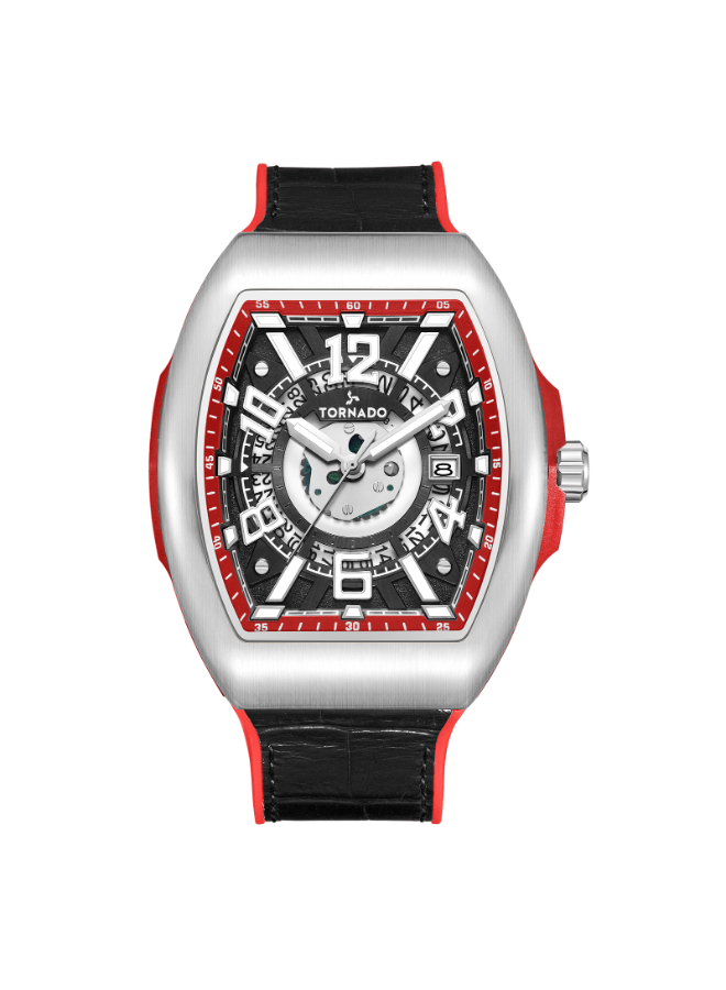 Tornado Gents Analog Fn Silver Case Black Leather Strap Black Dial Red Highlights