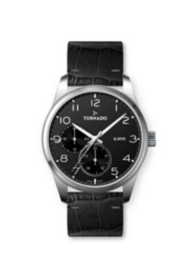 Tornado Gents Multi Fn Silver Case Black Leather Black Dial