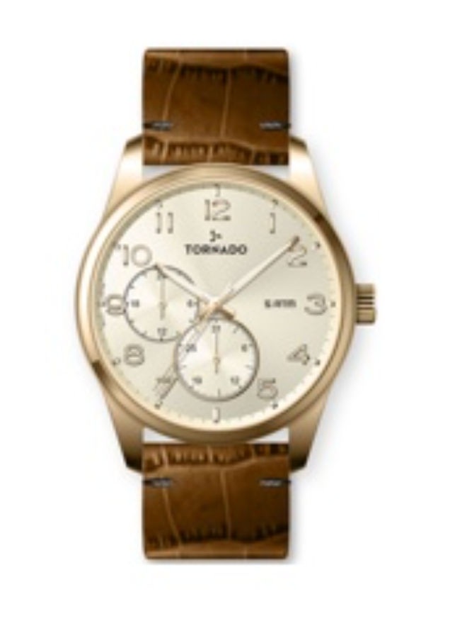 Tornado Gents Multi Fn Gold Case Brown Leather Champagne Dial