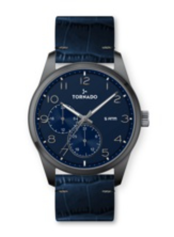 Tornado Gents Multi Fn Gun metal Case Blue Leather Blue Dial