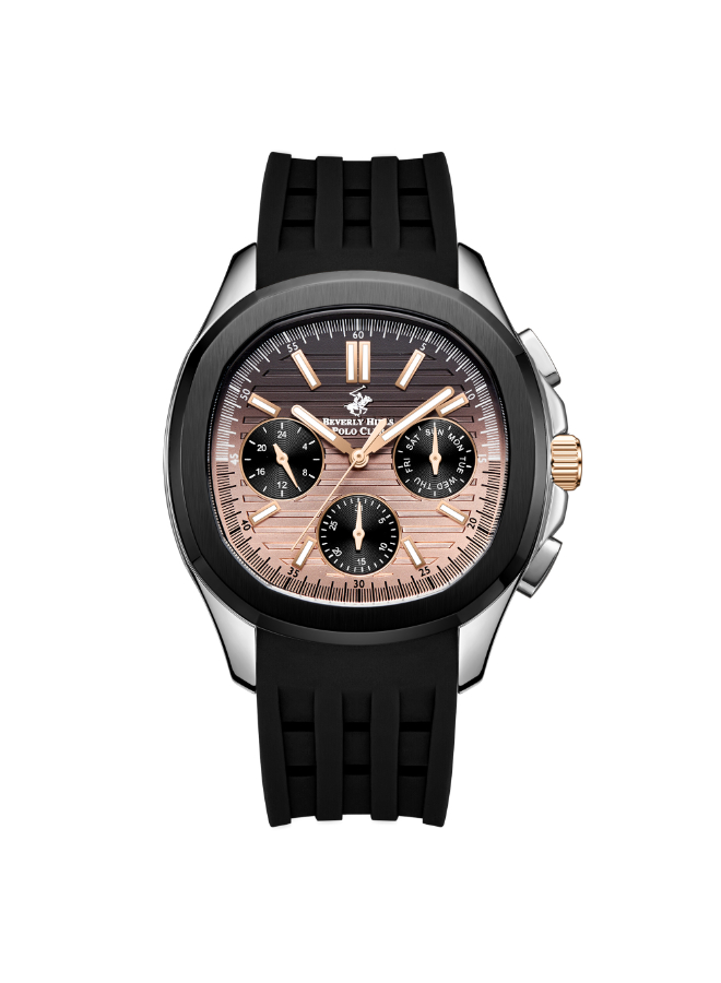 BHPC Gents  MULTIFUNCTION  S.S/IP BLACK Case BLACK SILICON Band GUN BLACK TO R .GOLD Dial