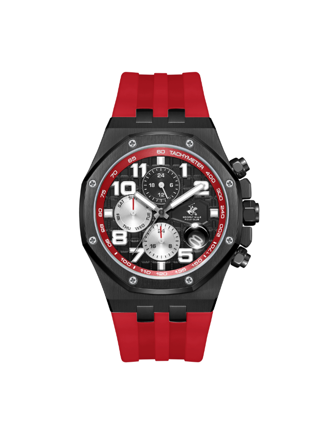 BHPC Gents  MULTIFUNCTION Fn IP BLACK Case RED 1795C SILICON Band BLACK Dial