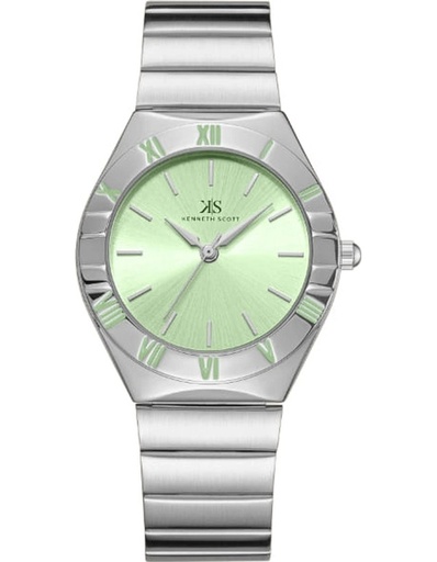 [K24506-SBSH] Kenneth Scott Ladies Analog Silver Case Silver Metal Band Light Green Dial