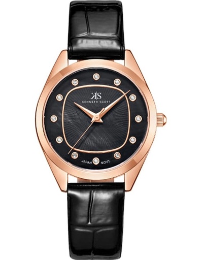 [K24508-RLBB] Kenneth Scott Ladies Analog Rose Gold Case Rose Gold Leather Strap Black Dial
