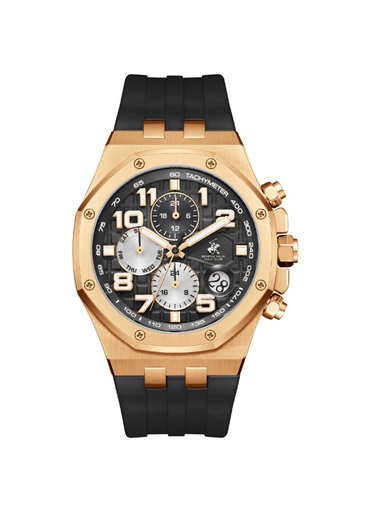 [BP3783X.451] BHPC Gents  MULTIFUNCTION Fn IP R.GOLD Case BLACK SILICON Band BLACK Dial