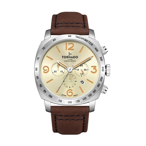 [T9102-SLDI] Tornado Gents Chronograph Fn Silver Case D.Brown Leather Band Ivory Dial